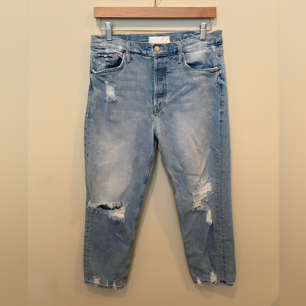 MOTHER Pale Blue Distressed Boyfriend Jeans